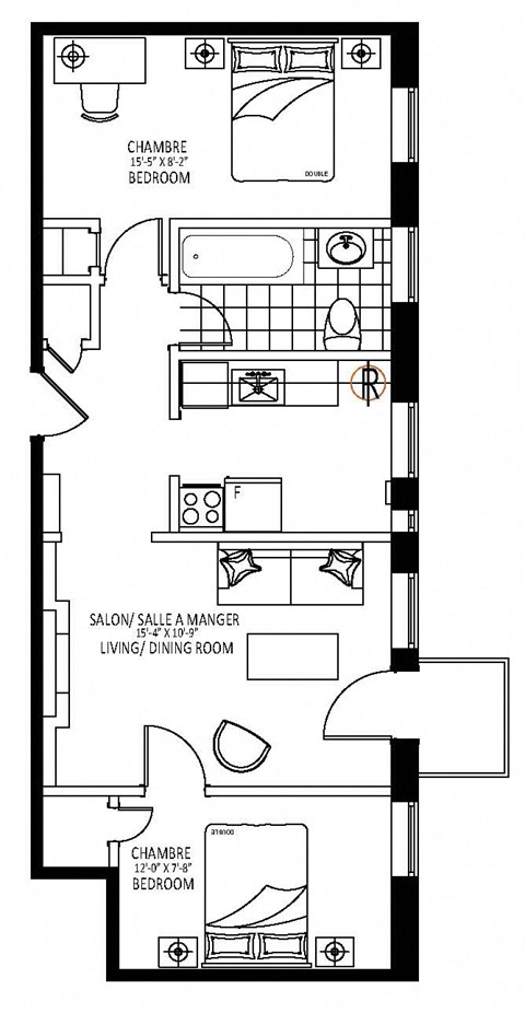 Floor plan for 2 beds, 1 bath, 685 sqft